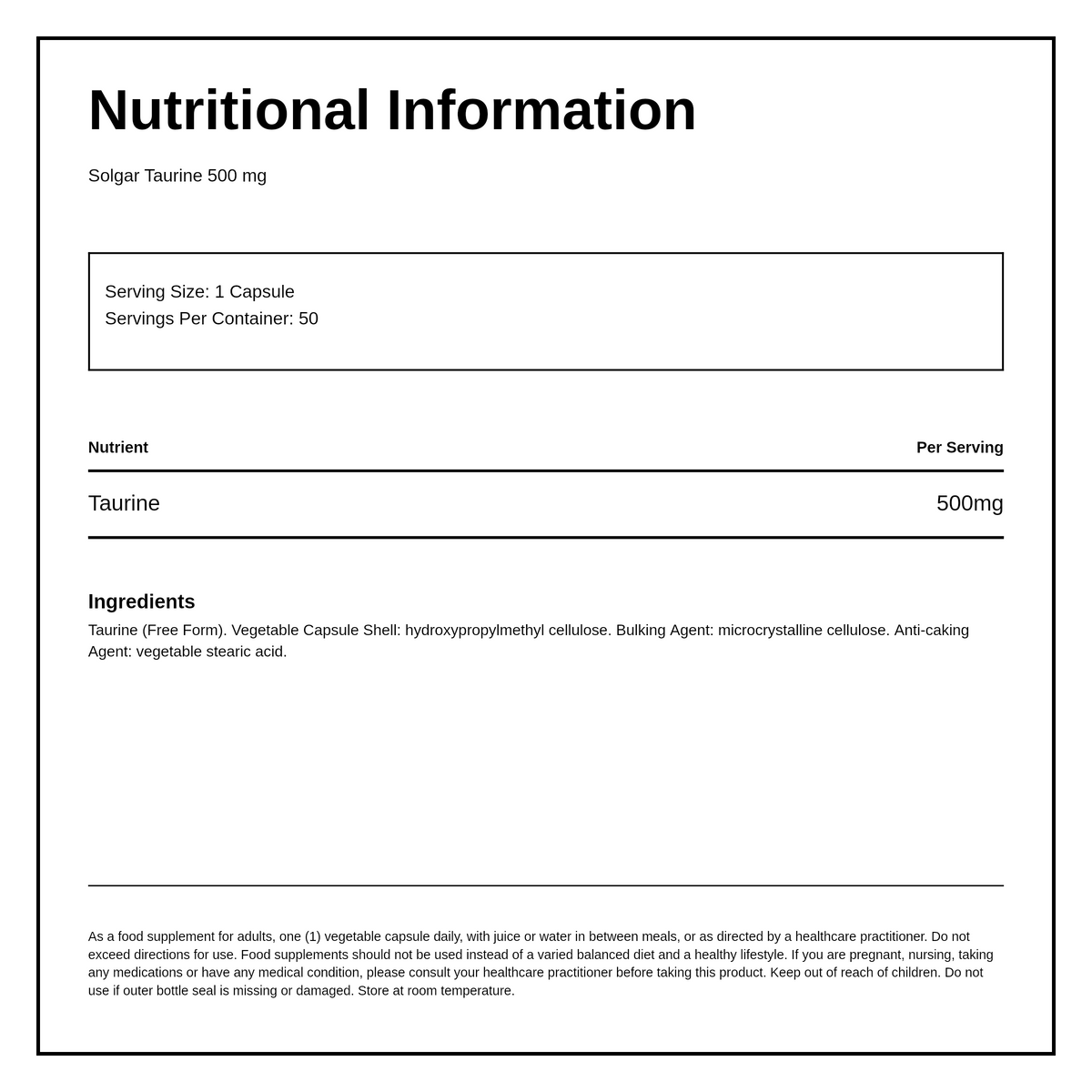 Solgar Taurine 500 mg — nutrition information panel, generated from the pack
