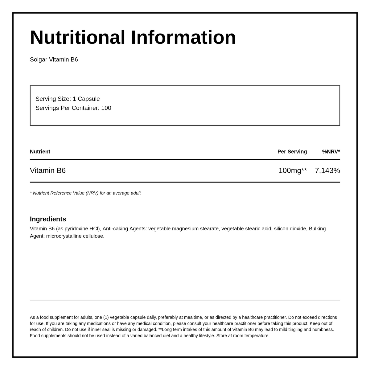 Solgar Vitamin B6 100 mg — nutrition information panel, generated from the pack