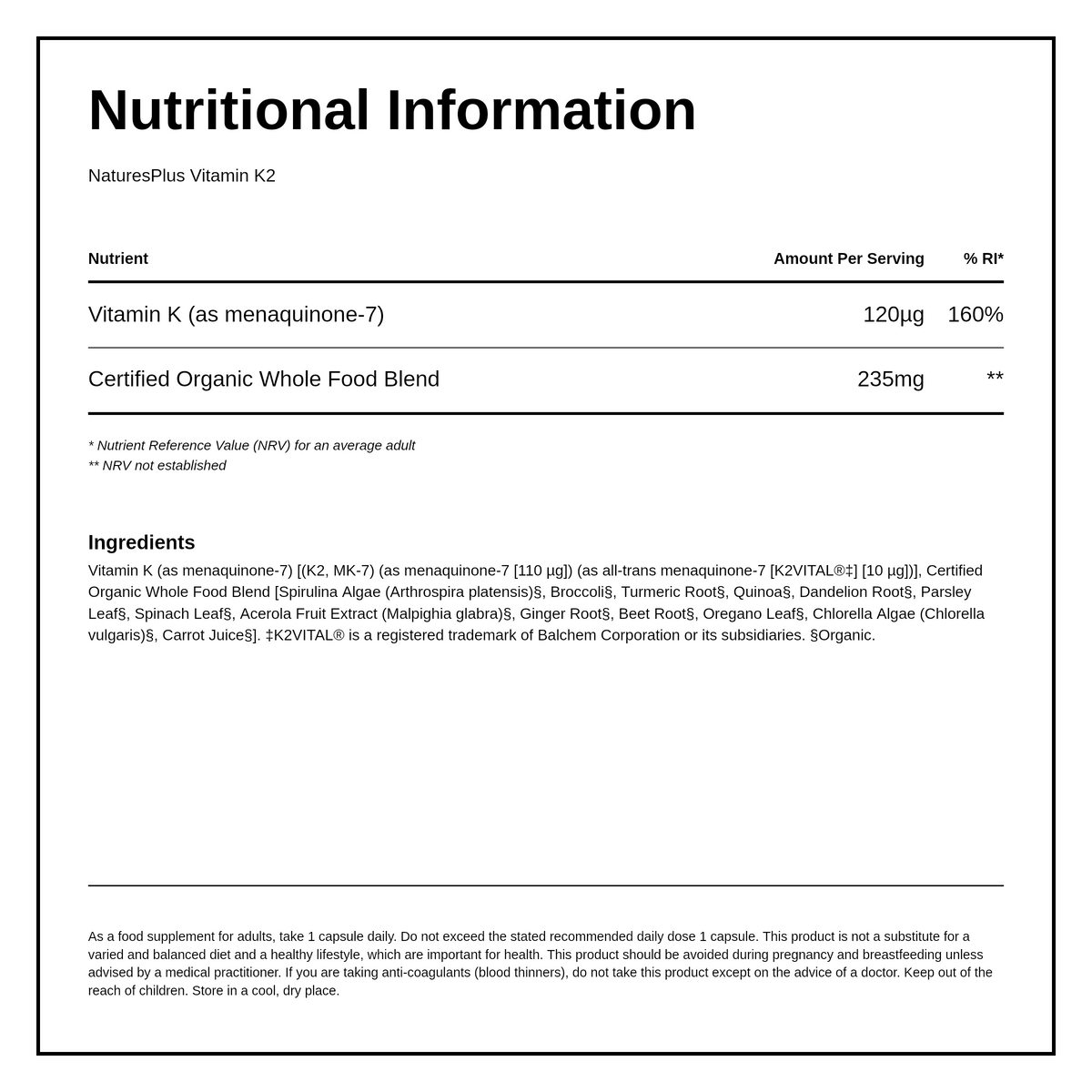 Nature's Plus Source of Life Garden Organic Vitamin K2 120mcg — nutrition information panel, generated from the pack