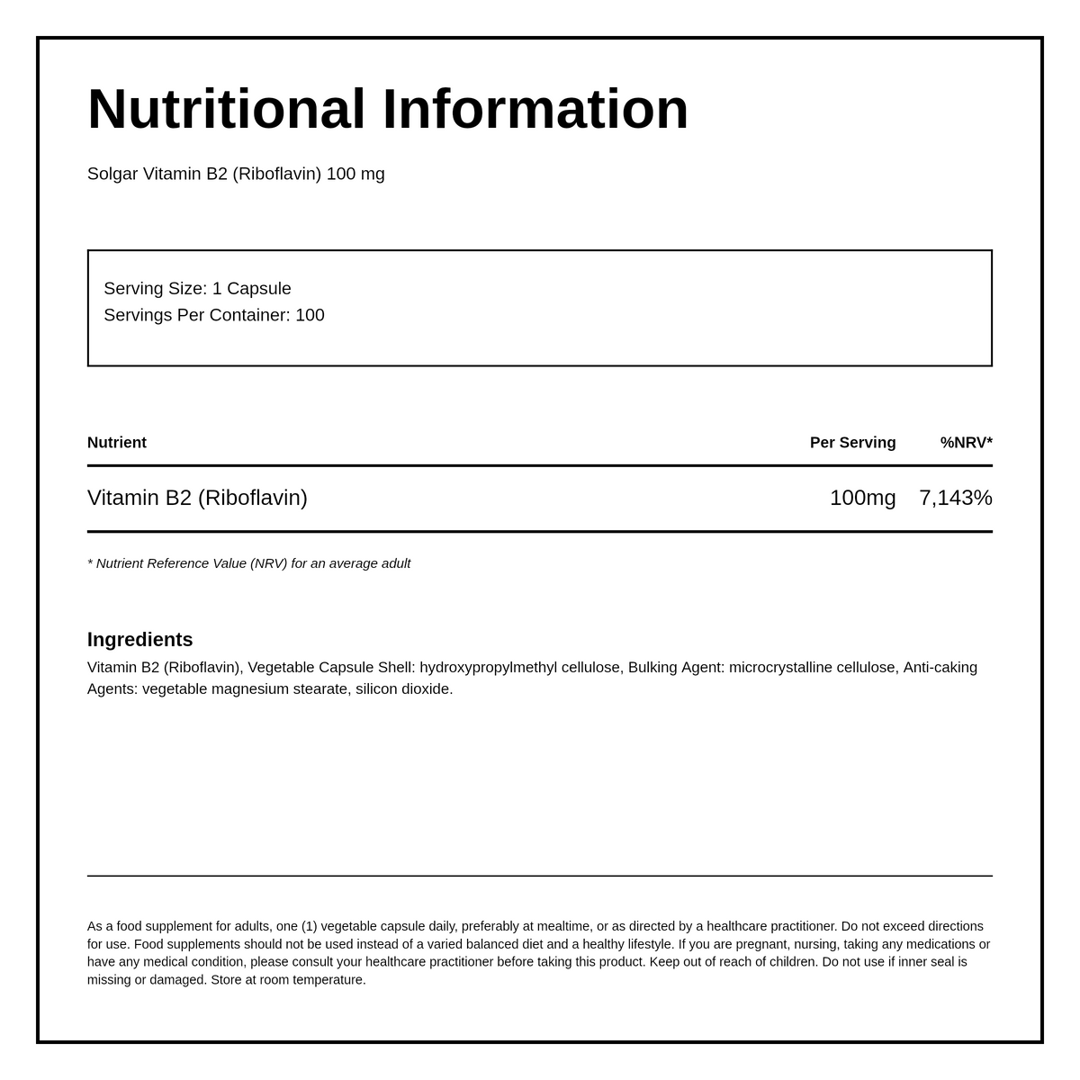 Solgar Vitamin B2 (Riboflavin) 100 mg — nutrition information panel, generated from the pack