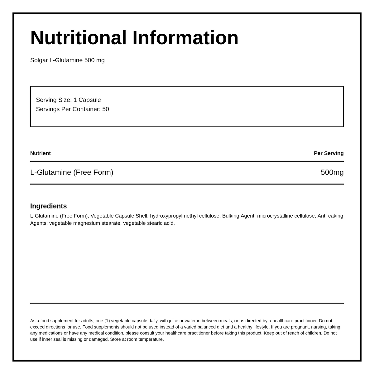 Solgar L-Glutamine 500 mg — nutrition information panel, generated from the pack