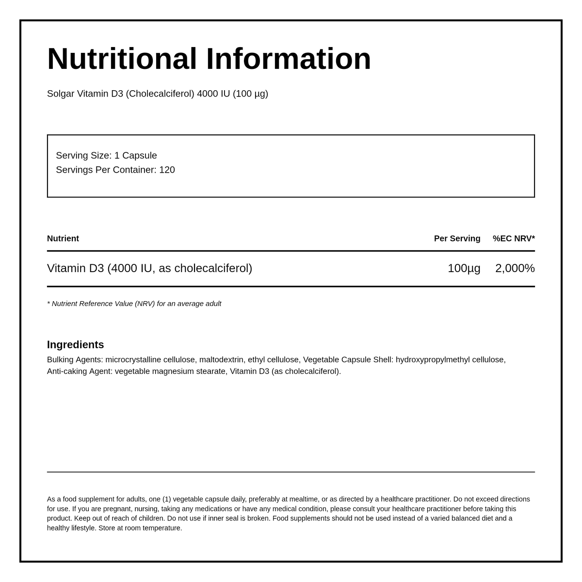 Solgar Vitamin D3 (Cholecalciferol) 4000 IU — nutrition information panel, generated from the pack