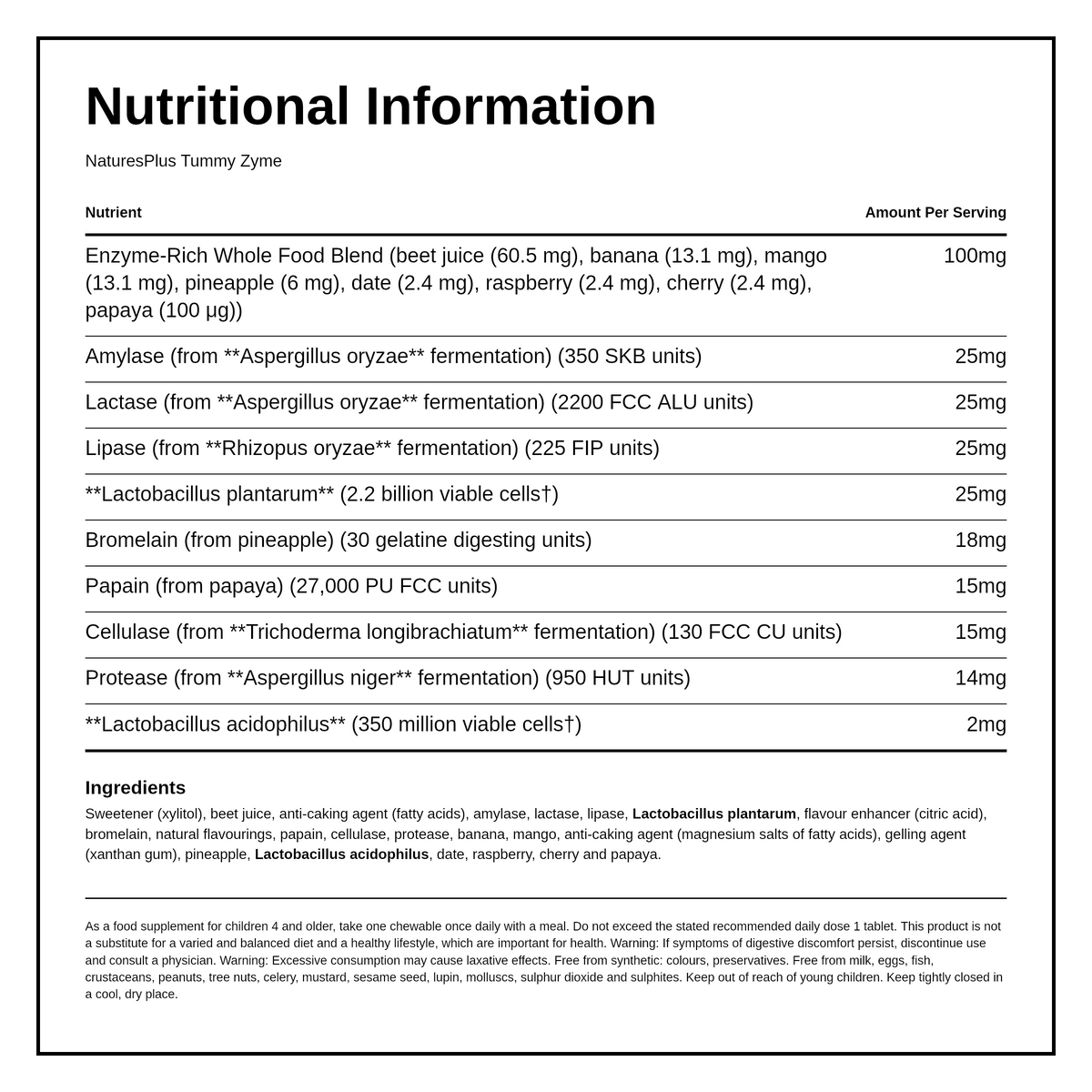 Nature's Plus Animal Parade Tummy Zyme — nutrition information panel, generated from the pack
