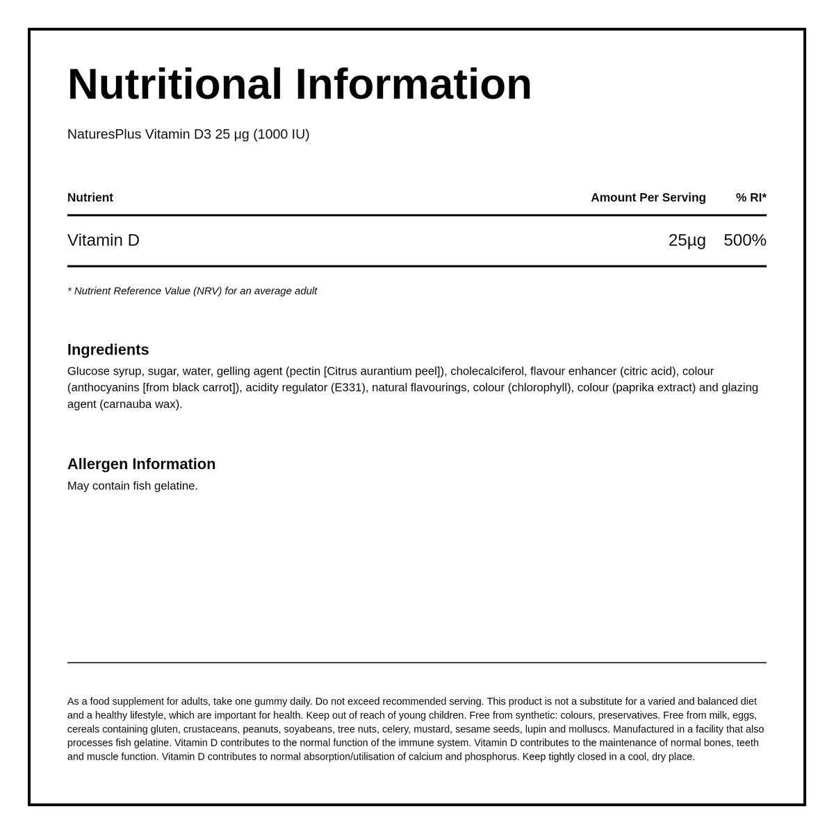 Natures Plus Vitamin D3 1000 IU Gummies — nutrition information panel, generated from the pack