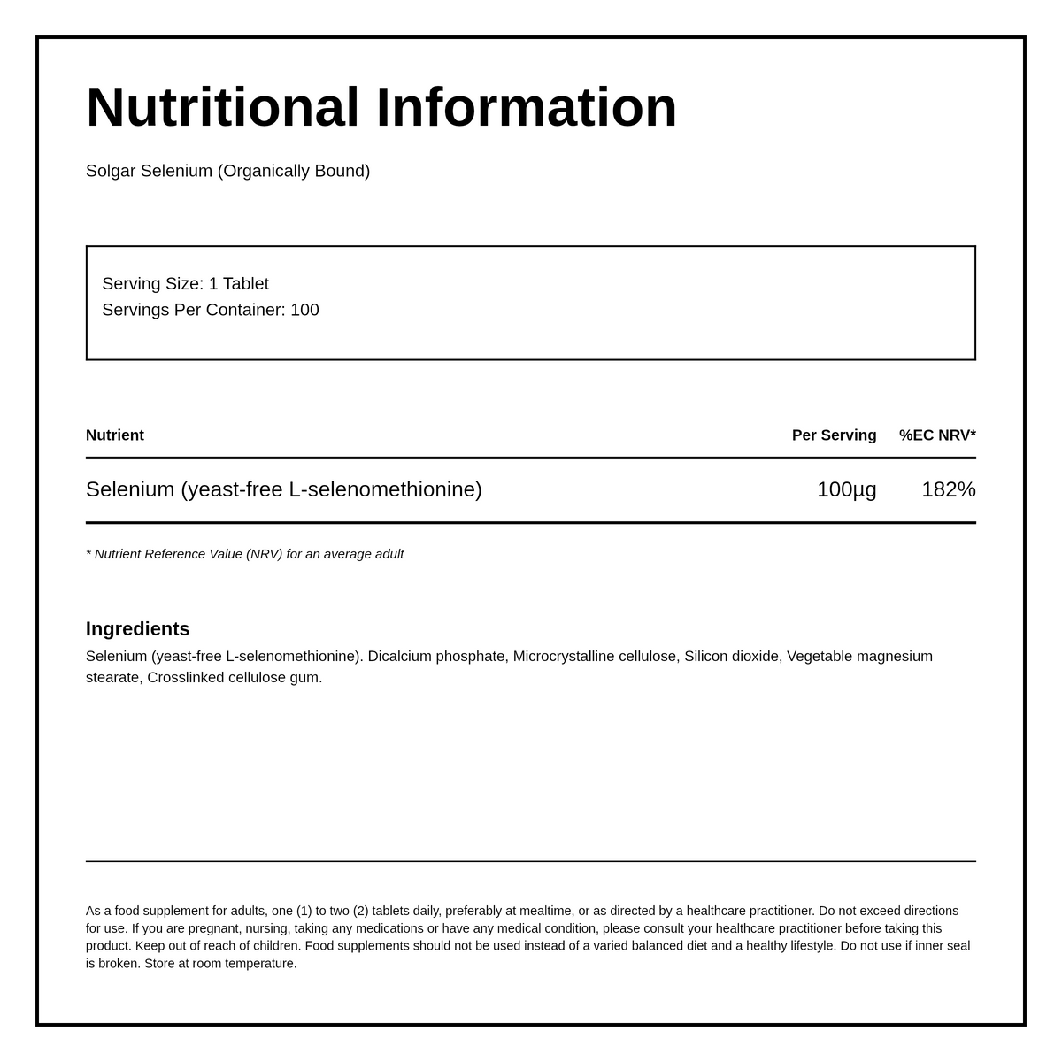 Solgar Selenium 100 mcg (Yeast Free) — nutrition information panel, generated from the pack