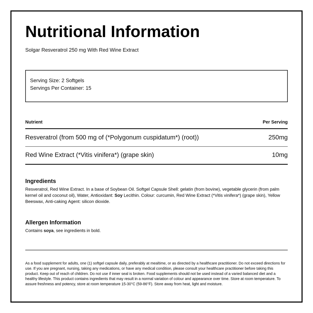 Solgar Resveratrol 250 mg — nutrition information panel, generated from the pack