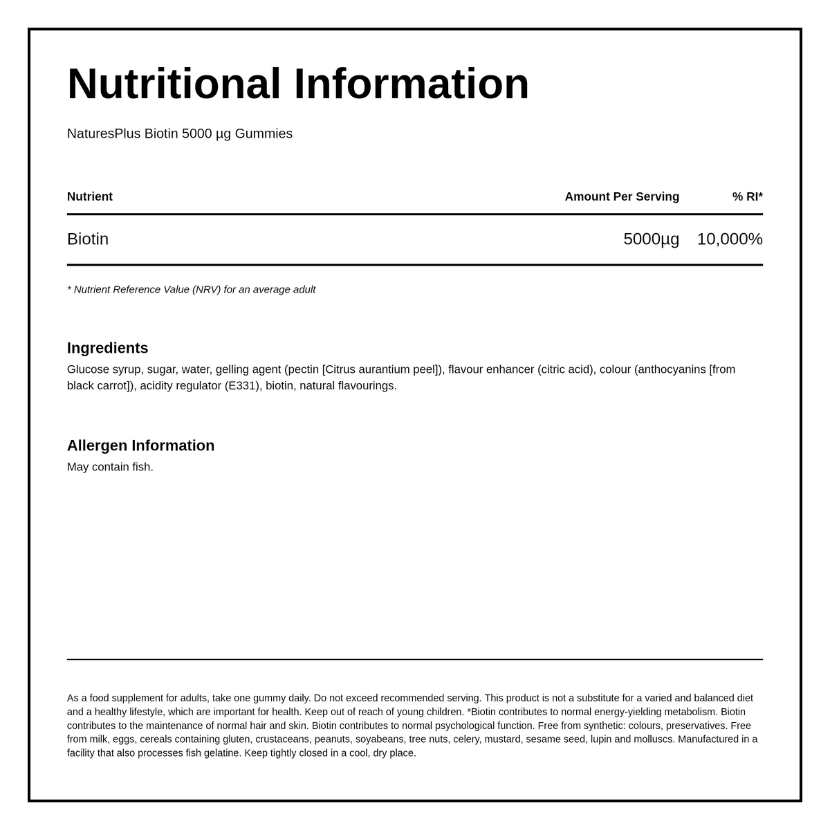 Natures Plus Biotin 5000 mcg Gummies — nutrition information panel, generated from the pack