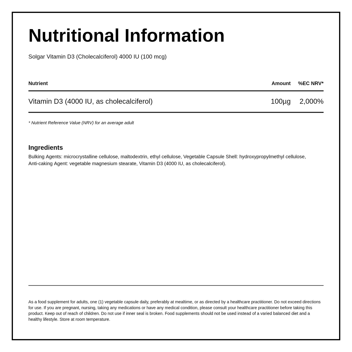 Solgar Vitamin D3 (Cholecalciferol) 4000 IU — nutrition information panel, generated from the pack