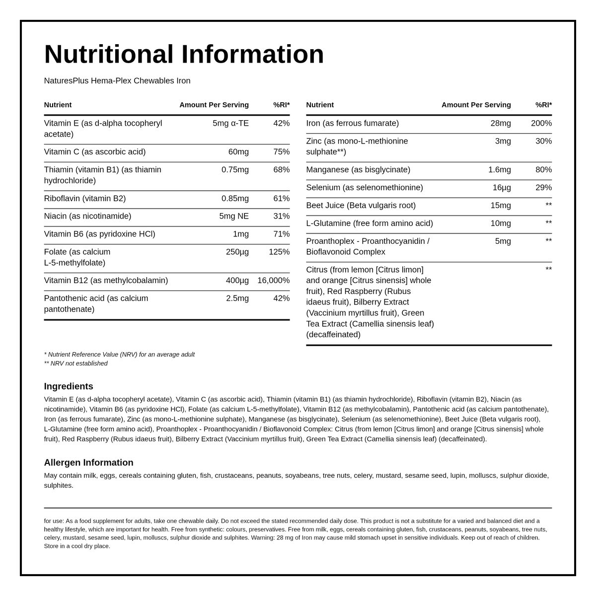 Natures Plus Hema-Plex Chewables Chelated Iron — nutrition information panel, generated from the pack