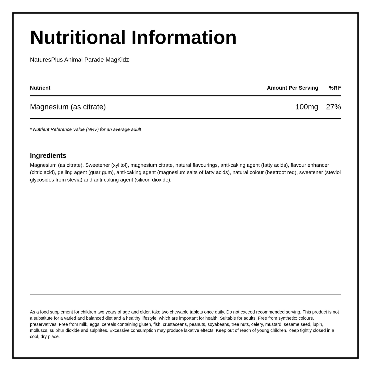 Nature's Plus Animal Parade MAG KIDZ CHEWABLE 90 — nutrition information panel, generated from the pack