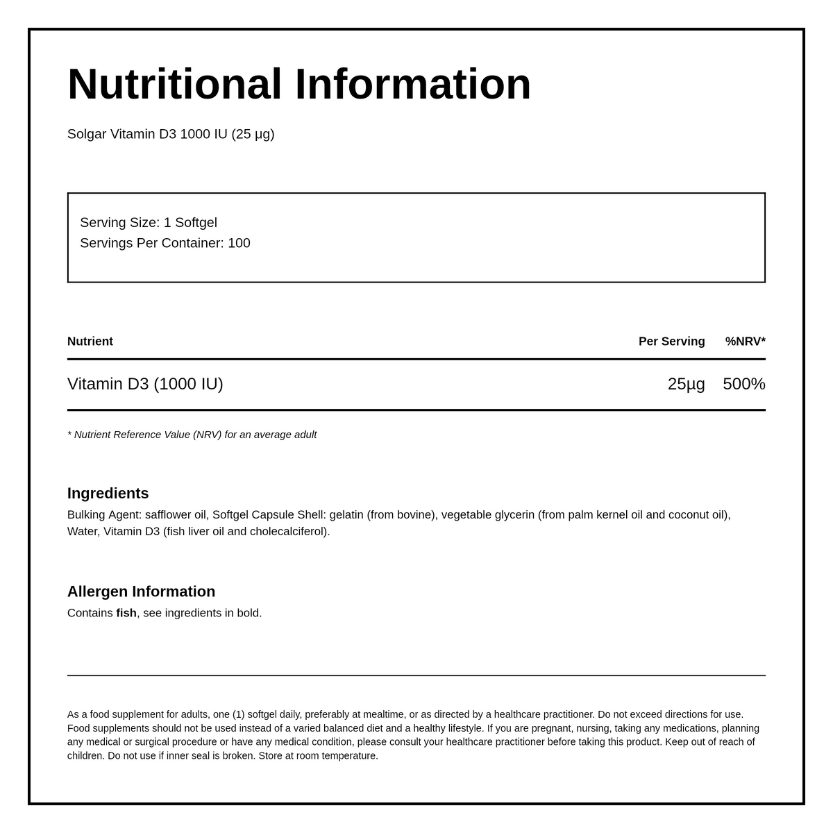 Solgar Vitamin D3 1000 IU (25 mcg) — nutrition information panel, generated from the pack