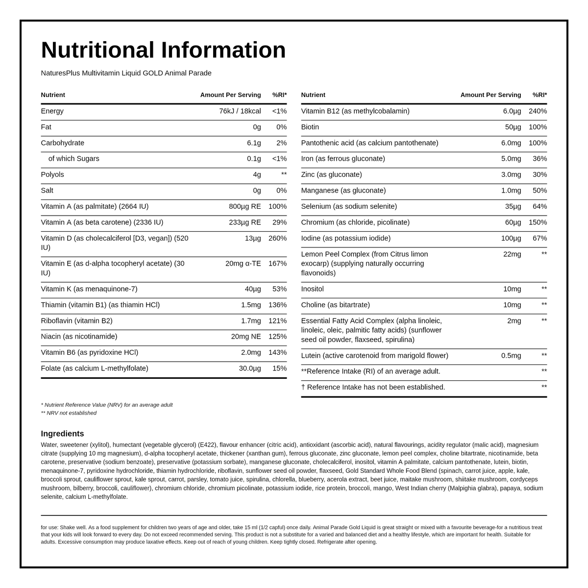 Source of Life Animal Parade GOLD Liquid Multivitamin — nutrition information panel, generated from the pack