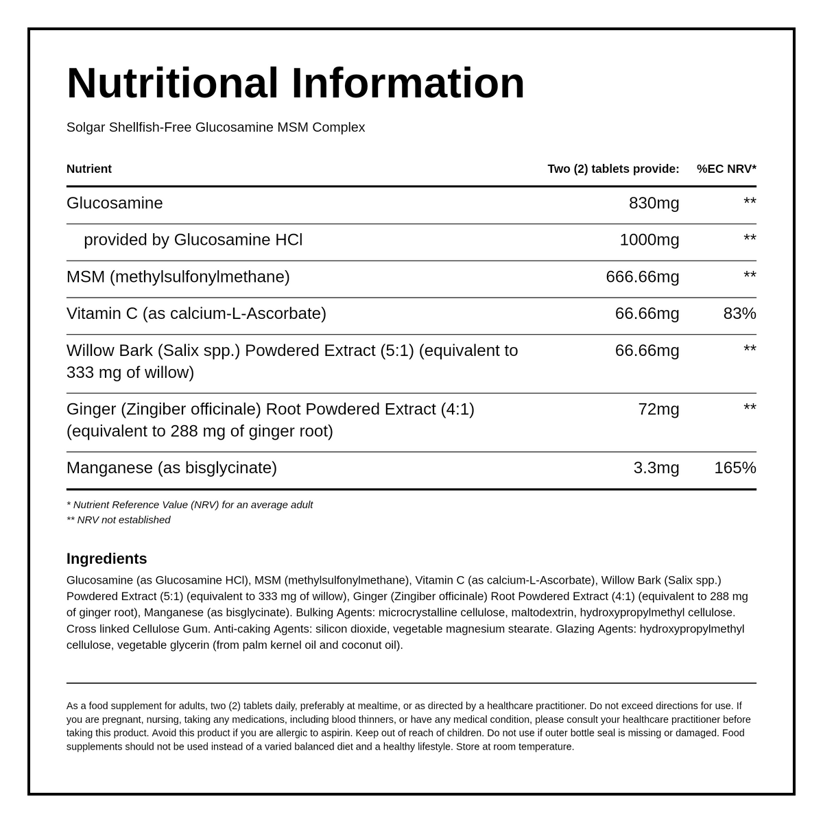 Solgar Glucosamine MSM Complex (Shellfish Free) — nutrition information panel, generated from the pack