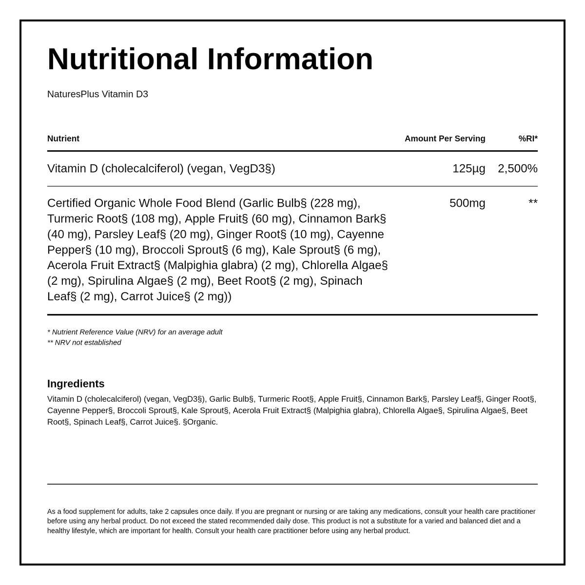Nature's Plus Source of Life Garden Vitamin D3 5000IU — nutrition information panel, generated from the pack