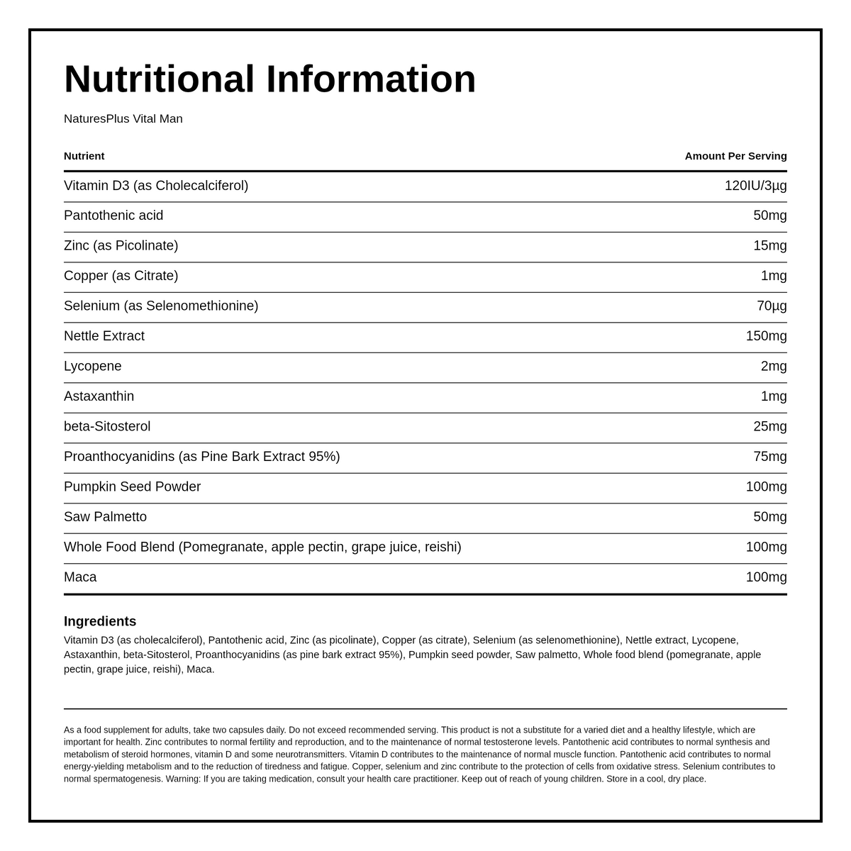 Nature's Plus BioAdvanced Vital Man — nutrition information panel, generated from the pack