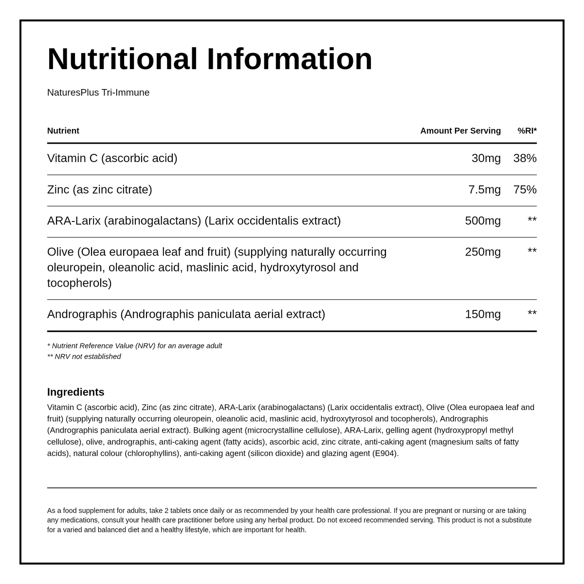 Herbal Actives Tri-Immune Extended Release Tablets — nutrition information panel, generated from the pack