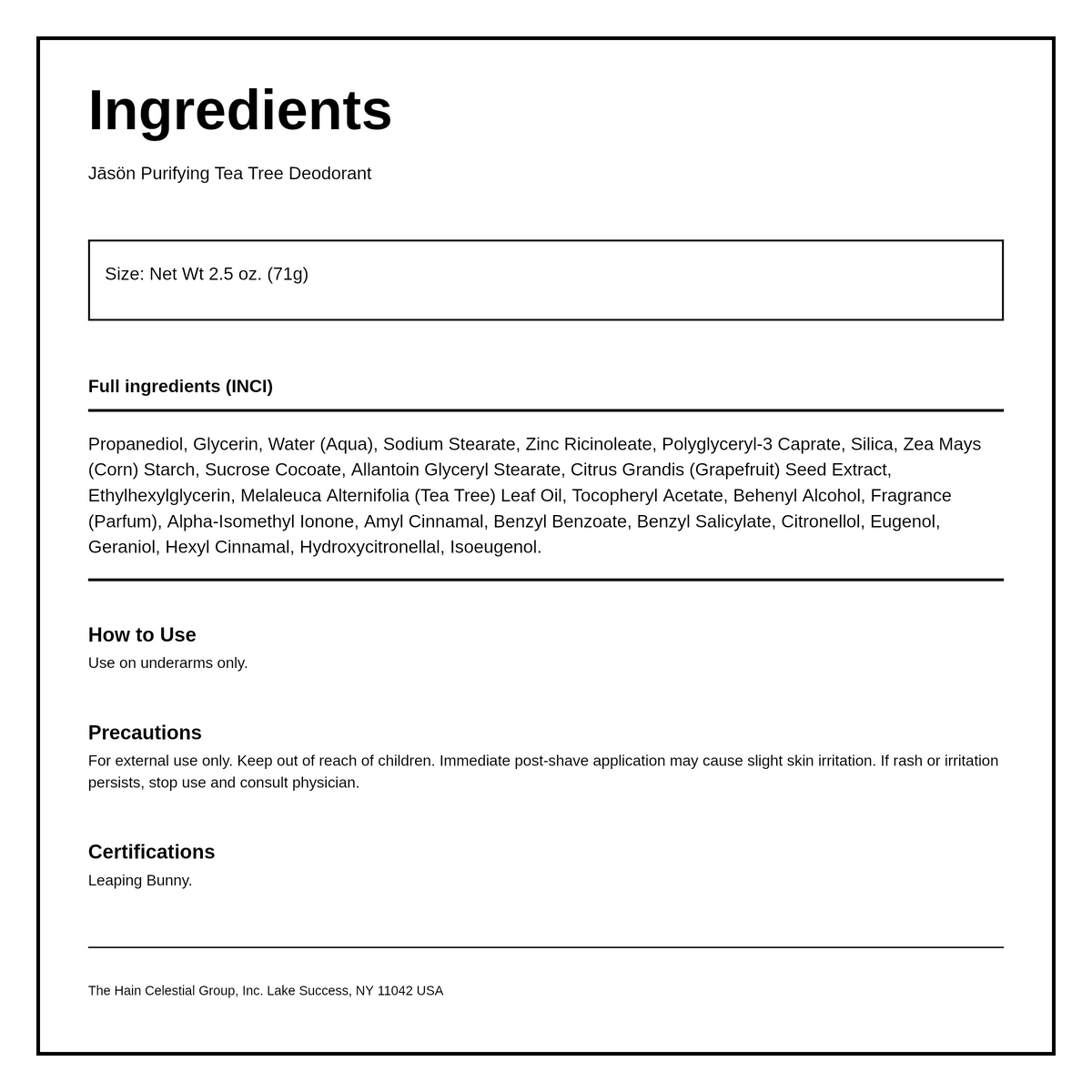 Jason Tea Tree Oil Deodorant Stick — ingredients (INCI) panel, generated from the pack