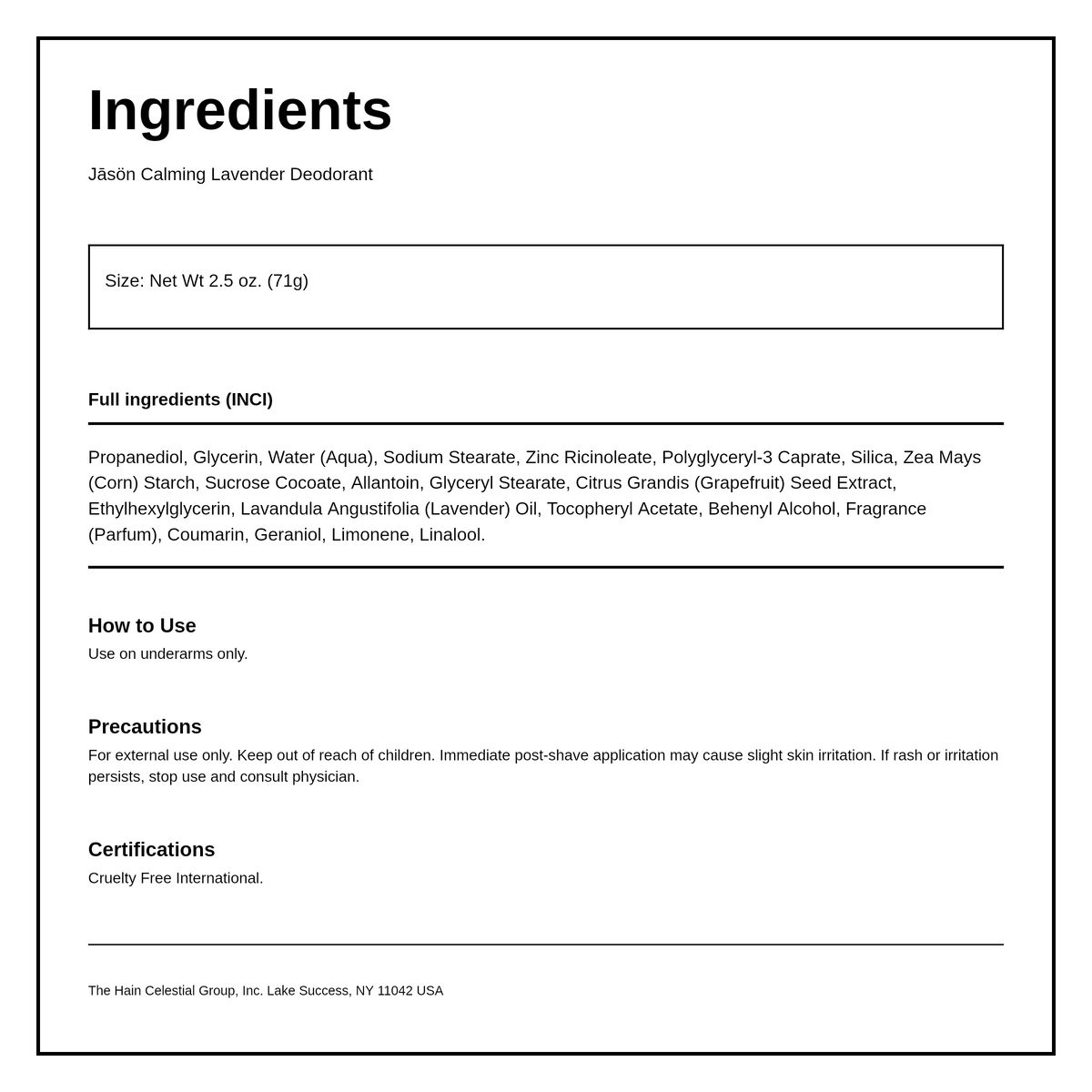Jason Lavender Deodorant Stick — ingredients (INCI) panel, generated from the pack