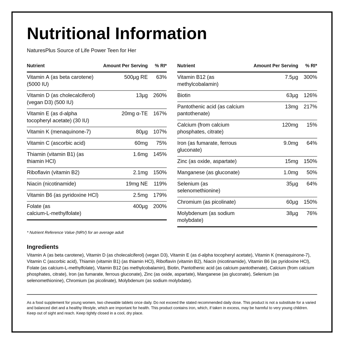 Nature's Plus Power Teen Source of Life for Her Chewable Multivitamin — nutrition information panel, generated from the pack