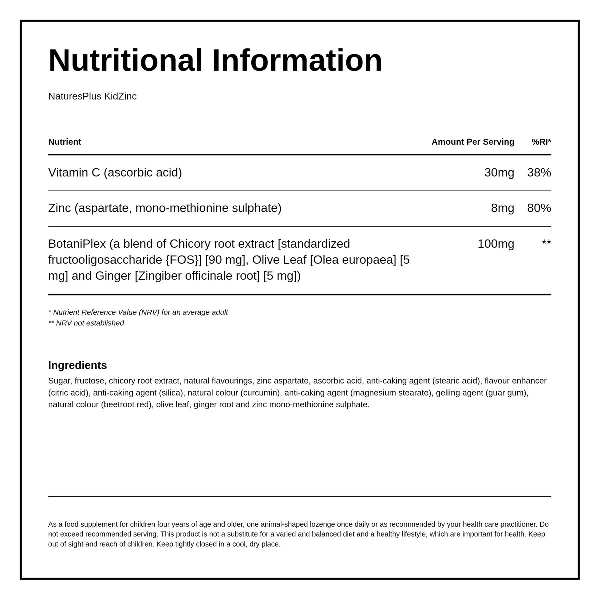 Nature's Plus Animal Parade KIDZINC LOZENGE — nutrition information panel, generated from the pack