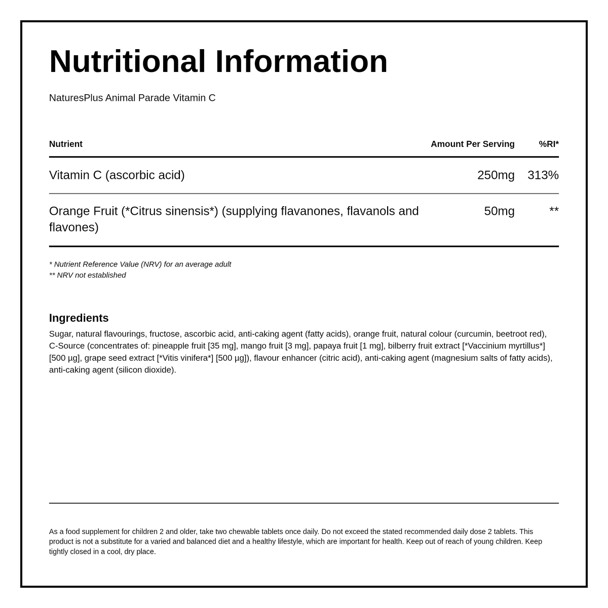Nature's Plus Animal Parade VIT C CHEWABLE — nutrition information panel, generated from the pack