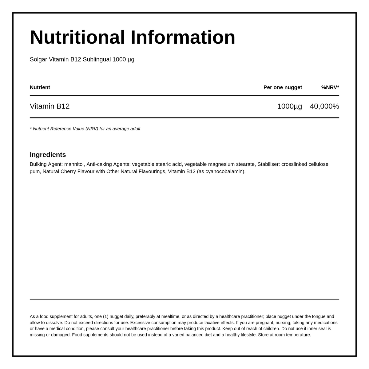Solgar Vitamin B12 1000 mcg Nuggets — nutrition information panel, generated from the pack