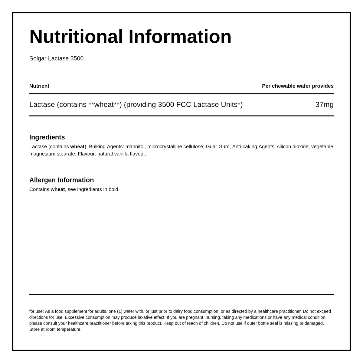 Solgar Lactase 3500 Wafers — nutrition information panel, generated from the pack