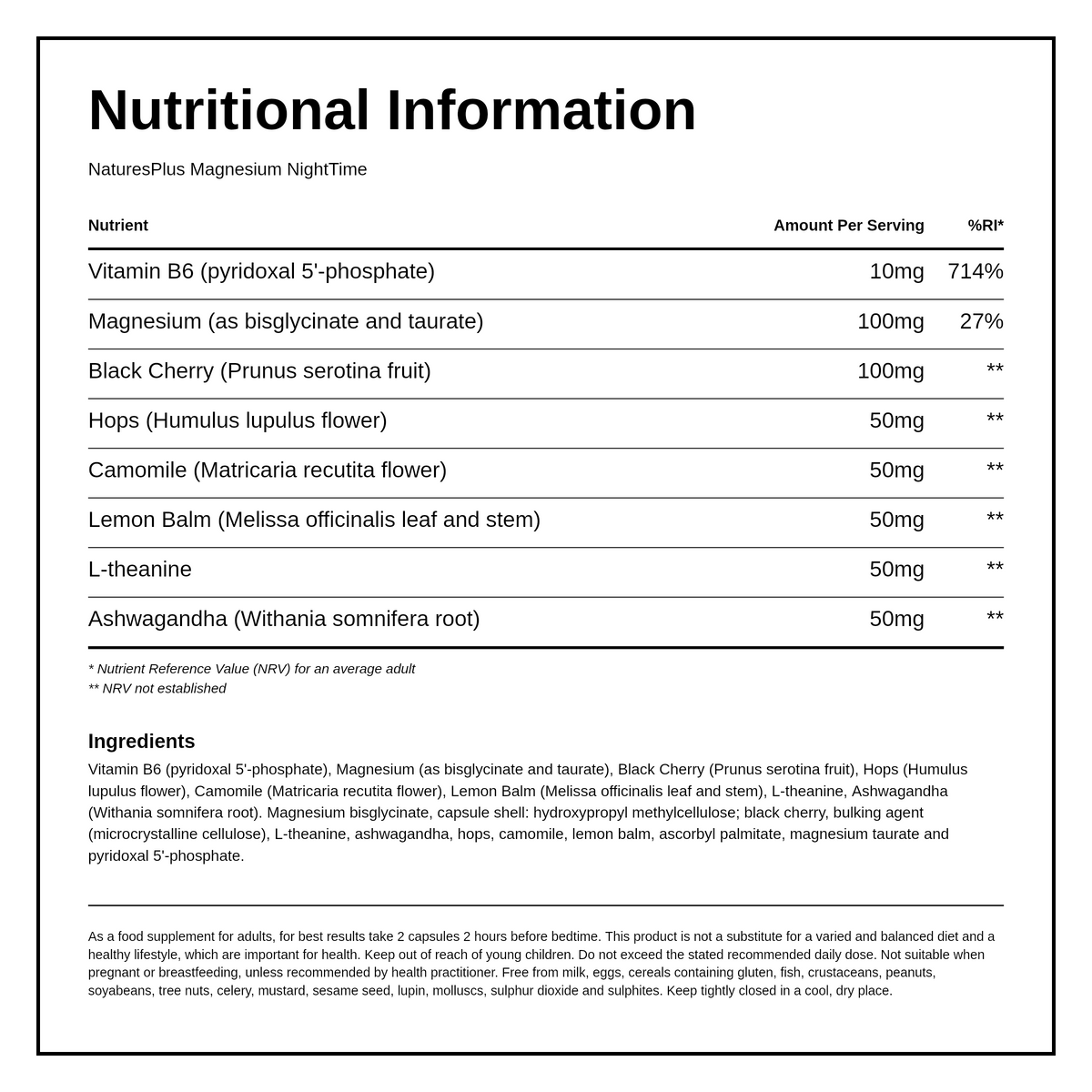Natures Plus Magnesium Kalmassure NightTime — nutrition information panel, generated from the pack