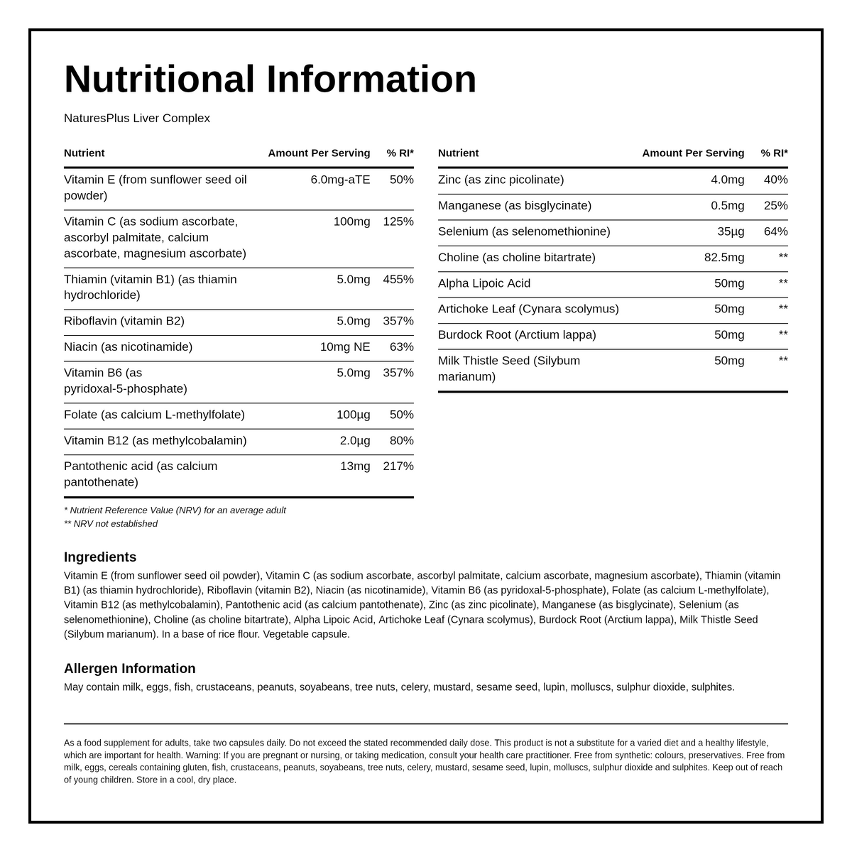 Natures Plus Bioadvanced Liver Support — nutrition information panel, generated from the pack