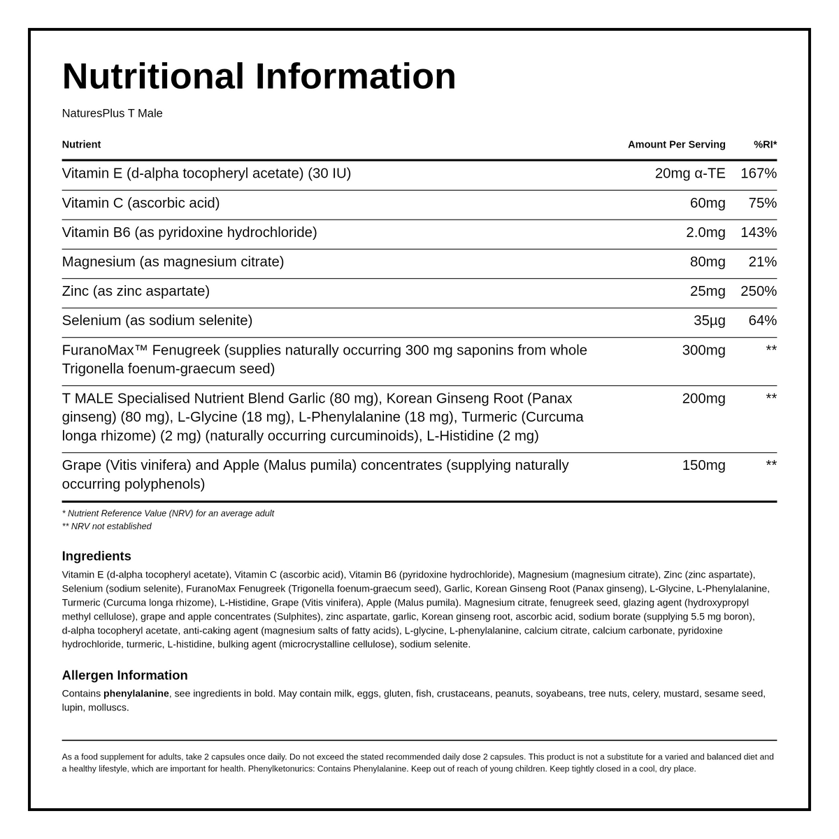 Nature's Plus T-MALE Capsules — nutrition information panel, generated from the pack