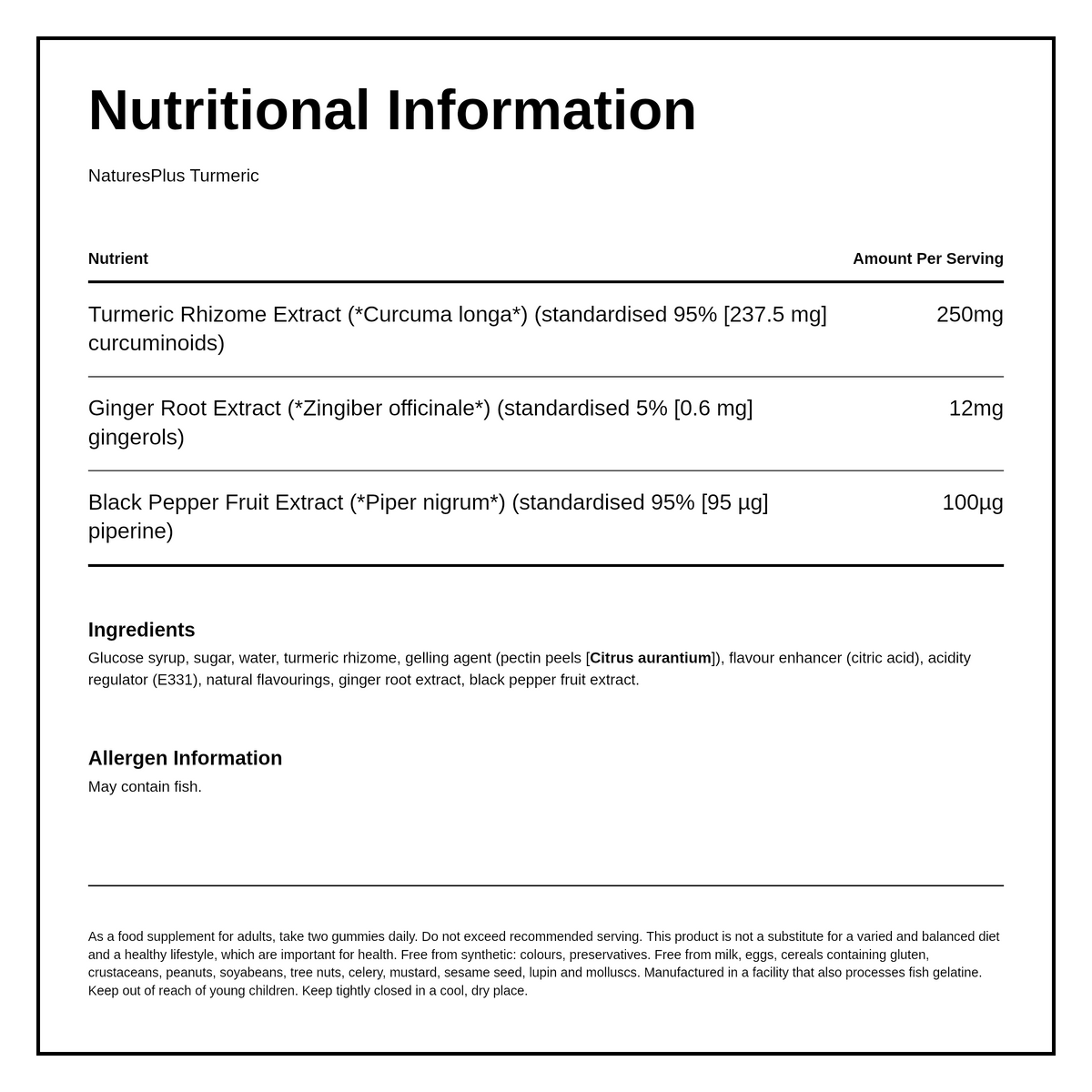 Natures Plus NP Turmeric Gummies — nutrition information panel, generated from the pack