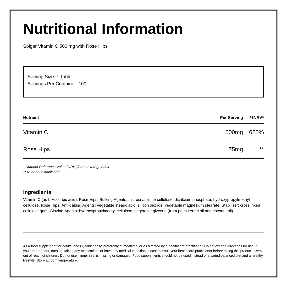 Solgar Vitamin C 500 mg with Rose Hips — nutrition information panel, generated from the pack