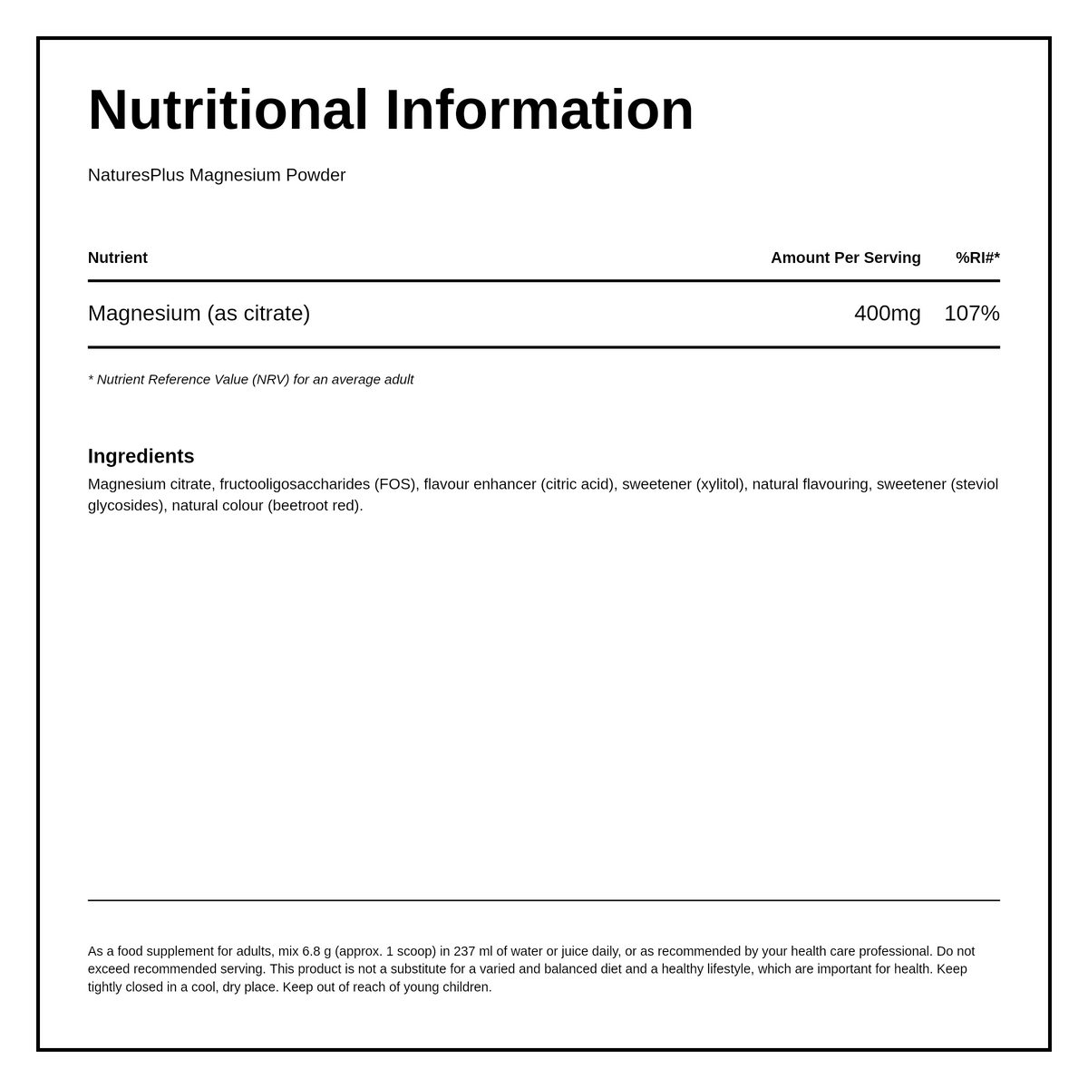 Nature's Plus KalmAssure Magnesium Powder Pink Lemonade — nutrition information panel, generated from the pack