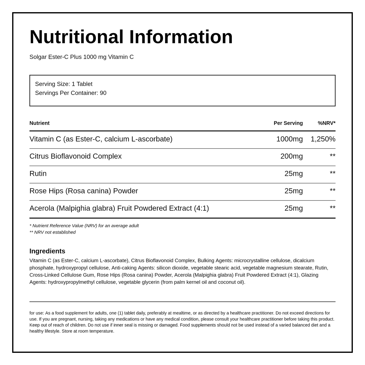 Solgar Ester-C Plus 1000 mg Vitamin C — nutrition information panel, generated from the pack