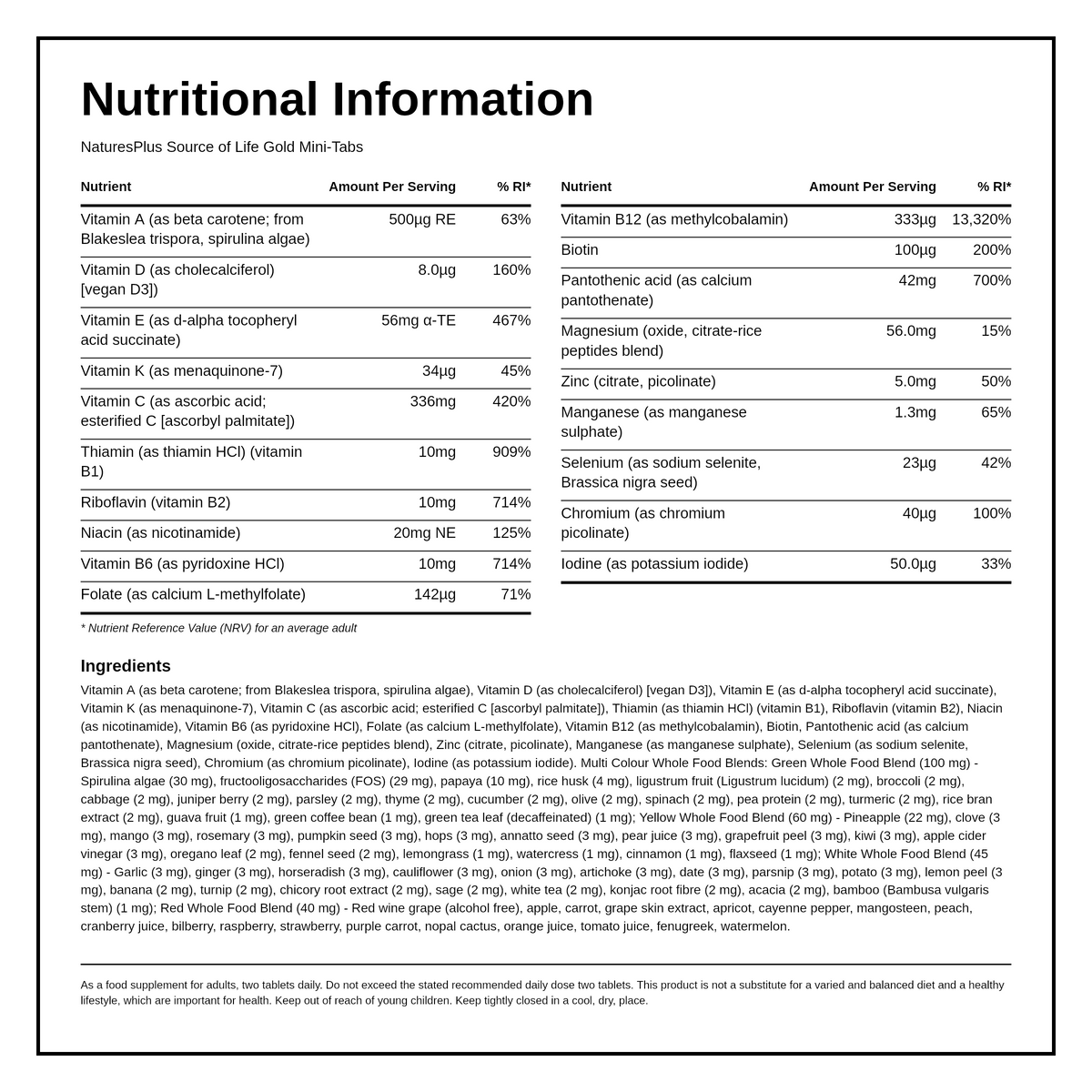 Nature's Plus Source of Life Gold Mini Tabs — nutrition information panel, generated from the pack