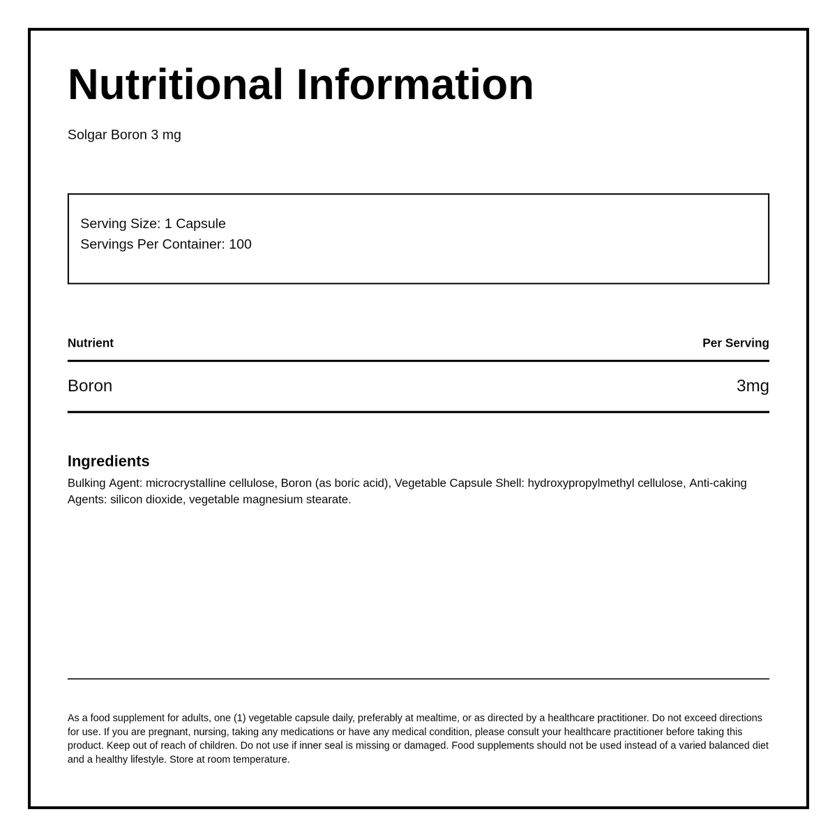 Solgar Boron 3 mg — nutrition information panel, generated from the pack