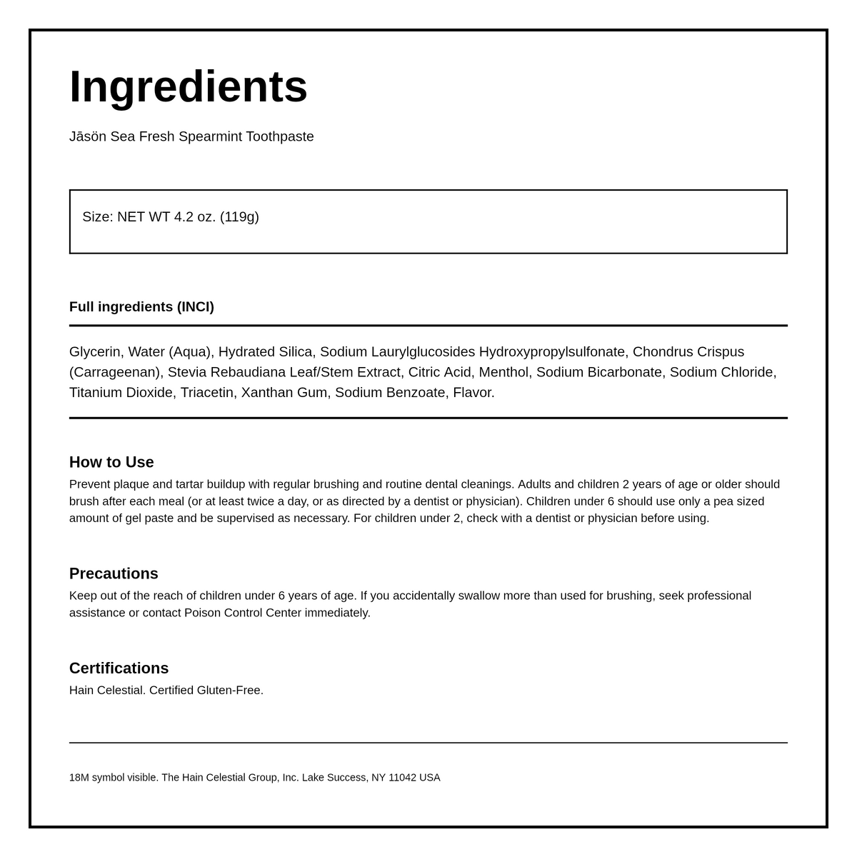 Jason Sea Fresh Blue/Green Algae Spearmint Toothpaste (SEA FRESH) — ingredients (INCI) panel, generated from the pack