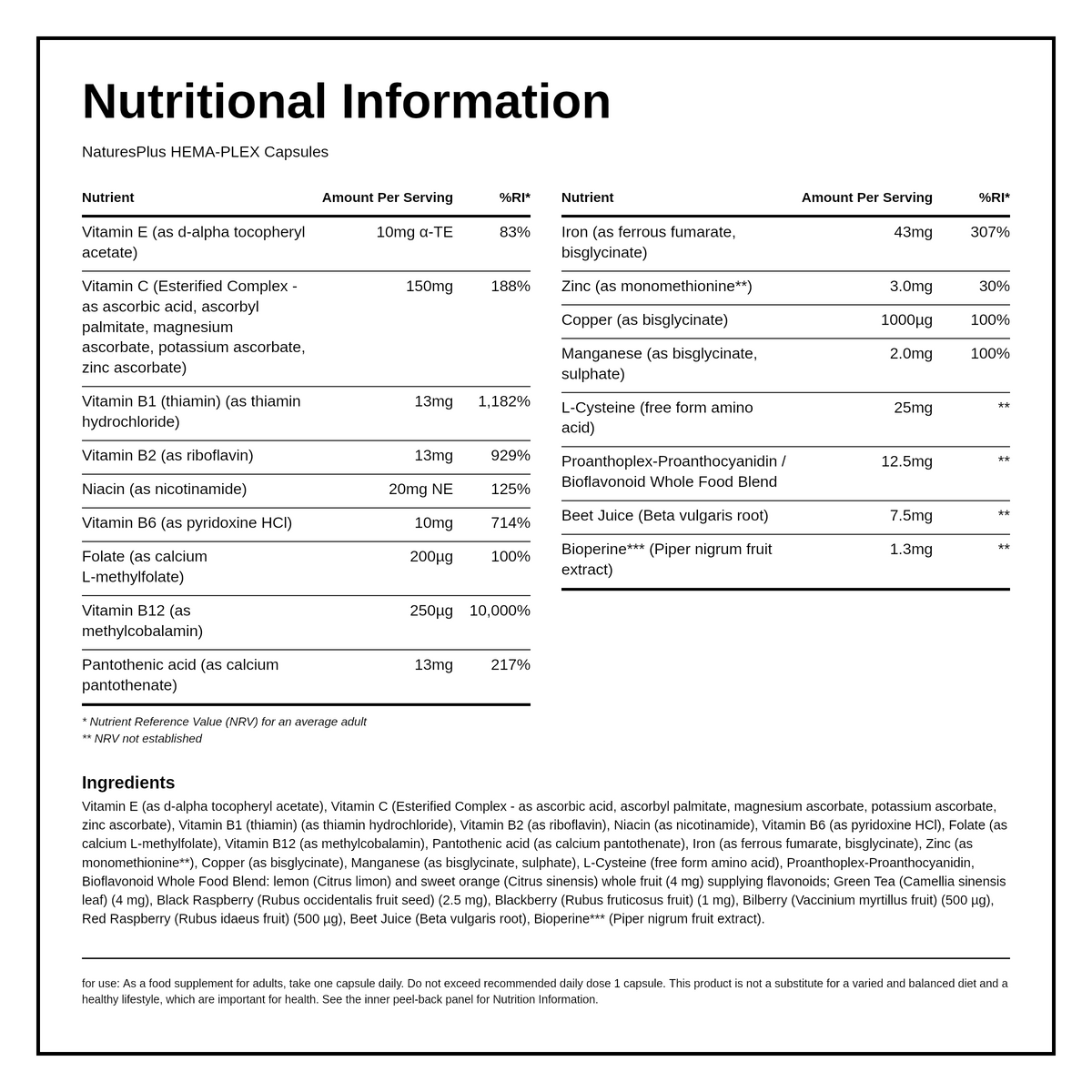 HEMA-PLEX Capsules — nutrition information panel, generated from the pack