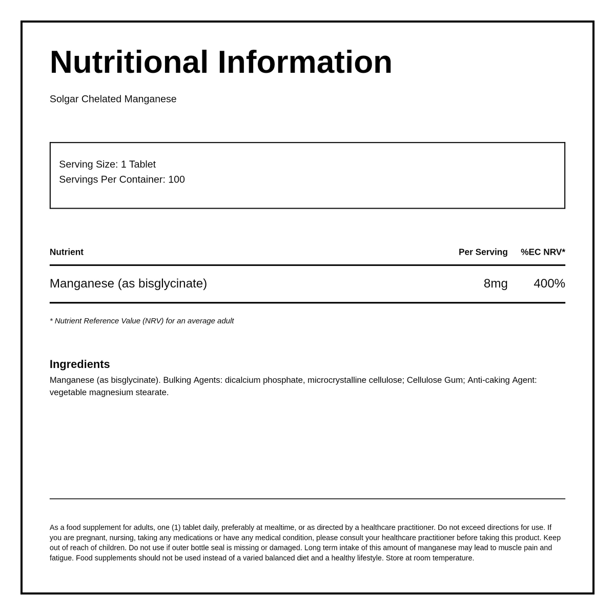 Solgar Chelated Manganese — nutrition information panel, generated from the pack