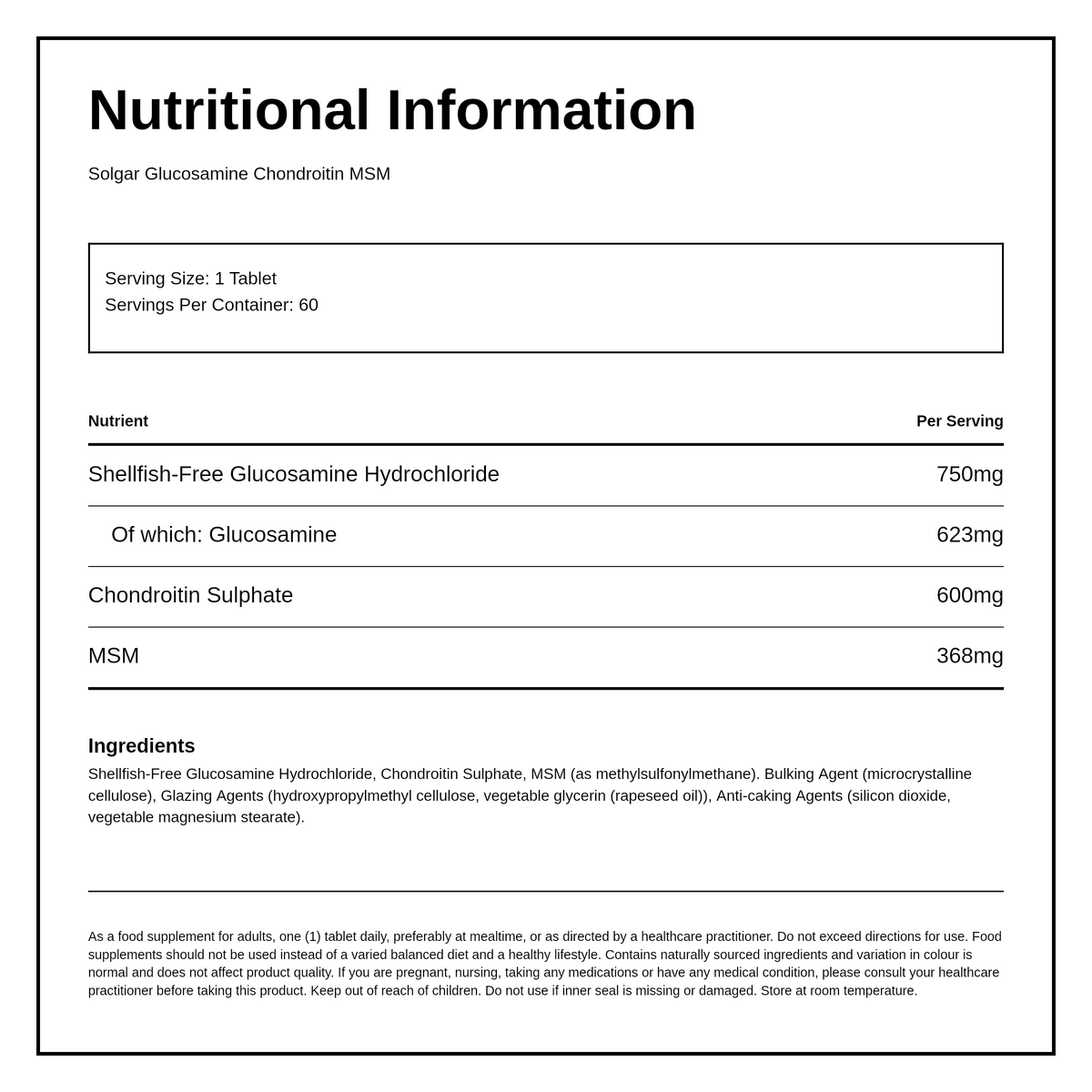 Solgar Extra Strength Glucosamine Chondroitin MSM Tablets — nutrition information panel, generated from the pack