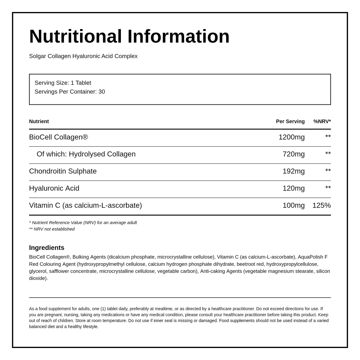 Solgar Collagen Hyaluronic Acid Complex — nutrition information panel, generated from the pack