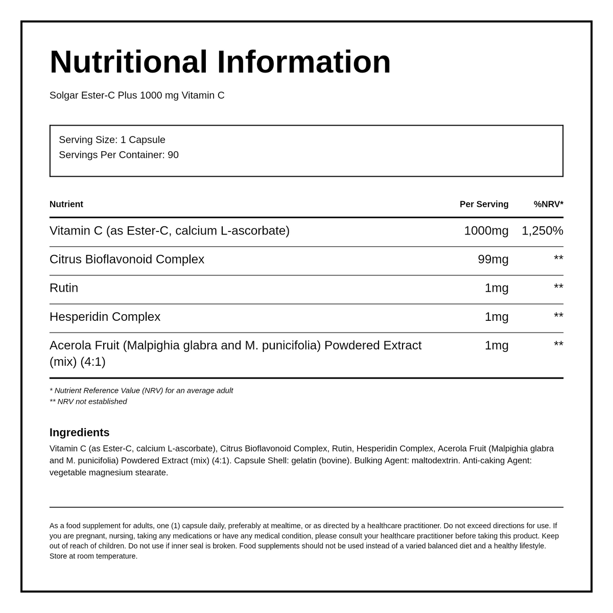 Solgar Ester-C 1000 mg Vitamin C — nutrition information panel, generated from the pack