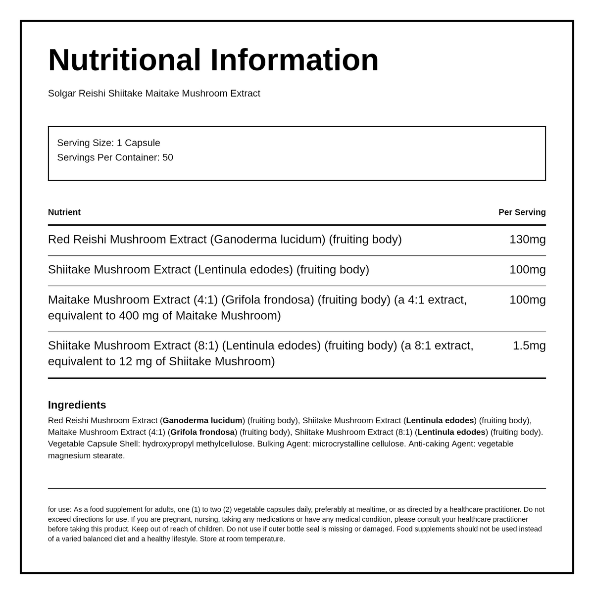 Solgar Reishi Shiitake Maitake Mushroom Extract — nutrition information panel, generated from the pack