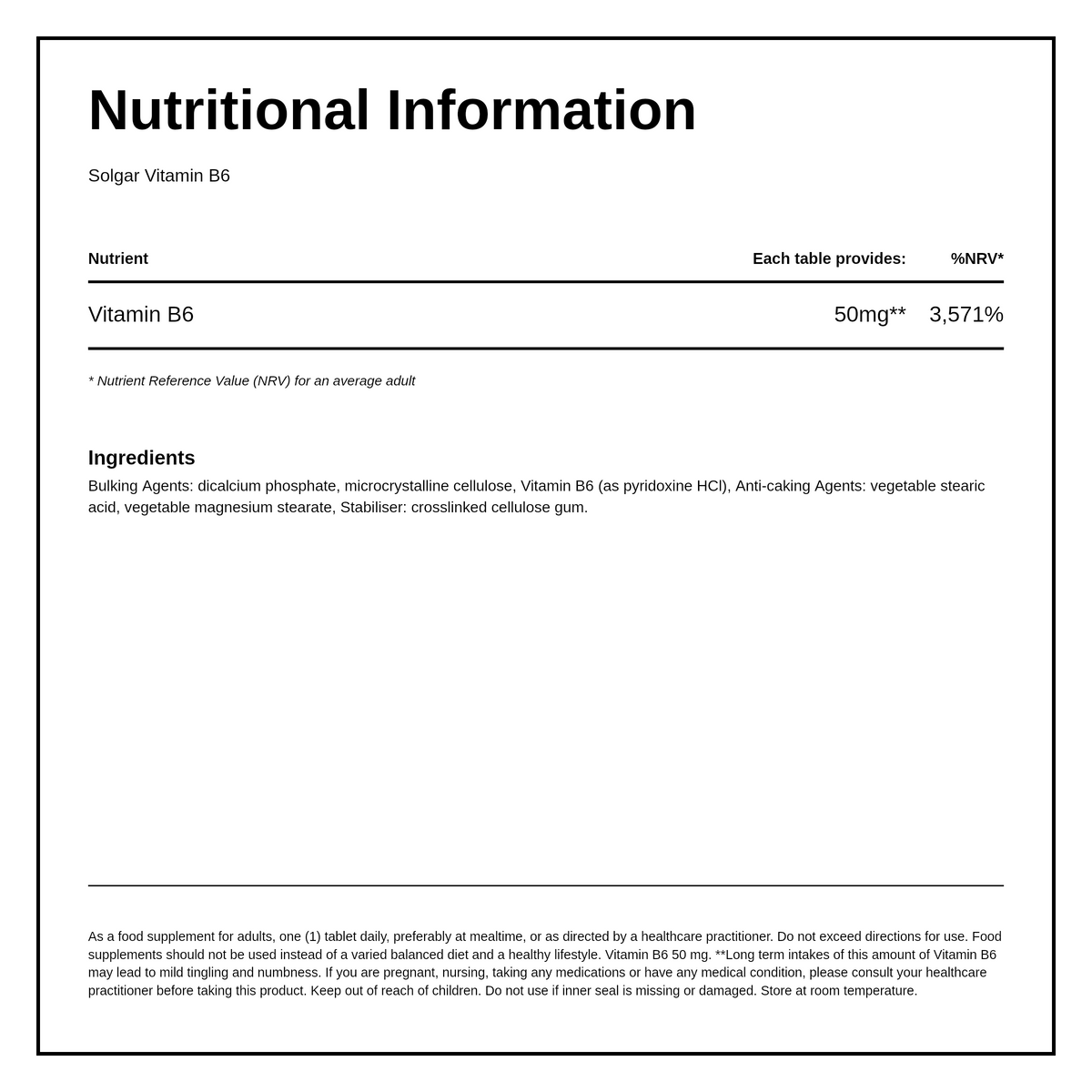 Solgar Vitamin B6 50 mg — nutrition information panel, generated from the pack