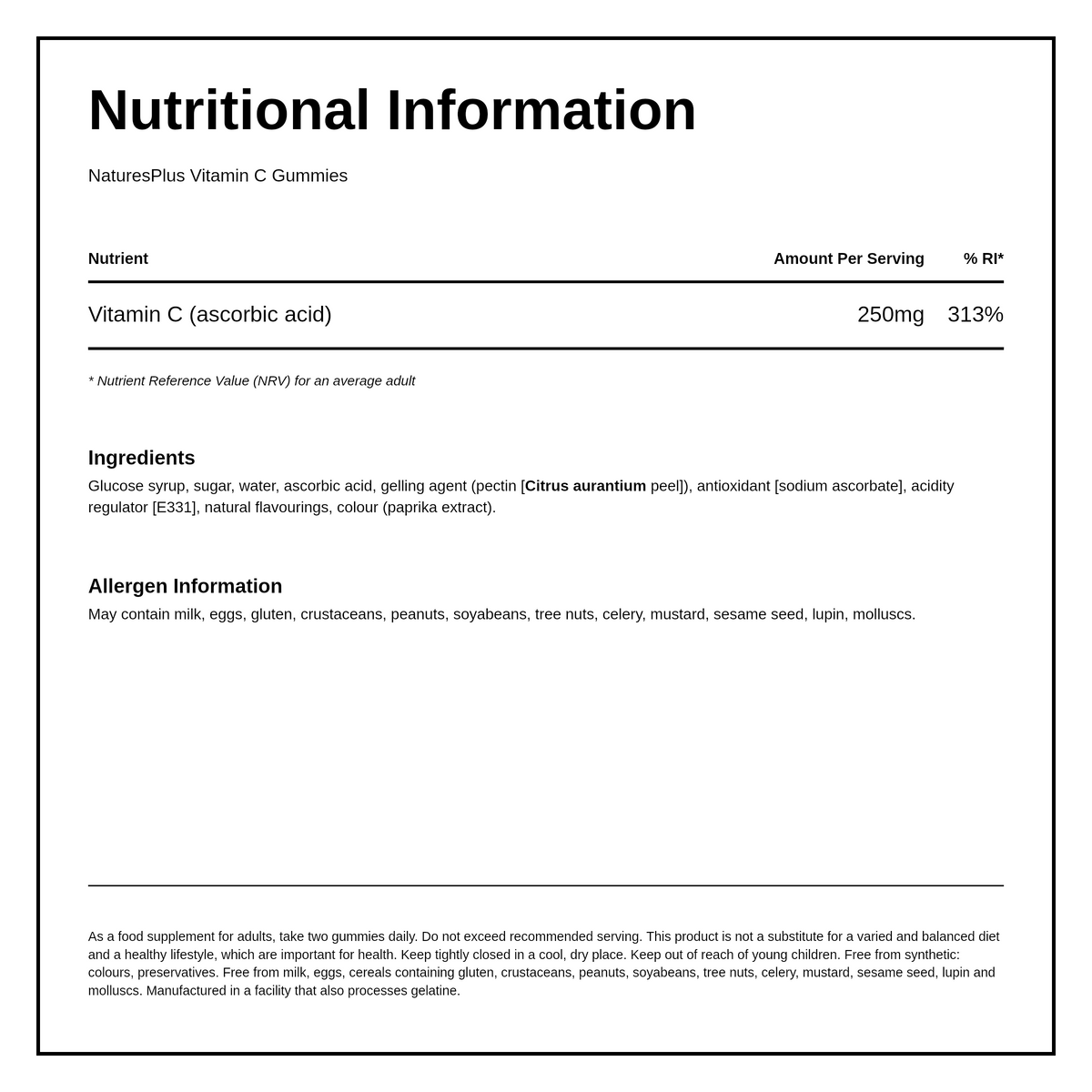 Natures Plus NP Vitamin C Gummies — nutrition information panel, generated from the pack
