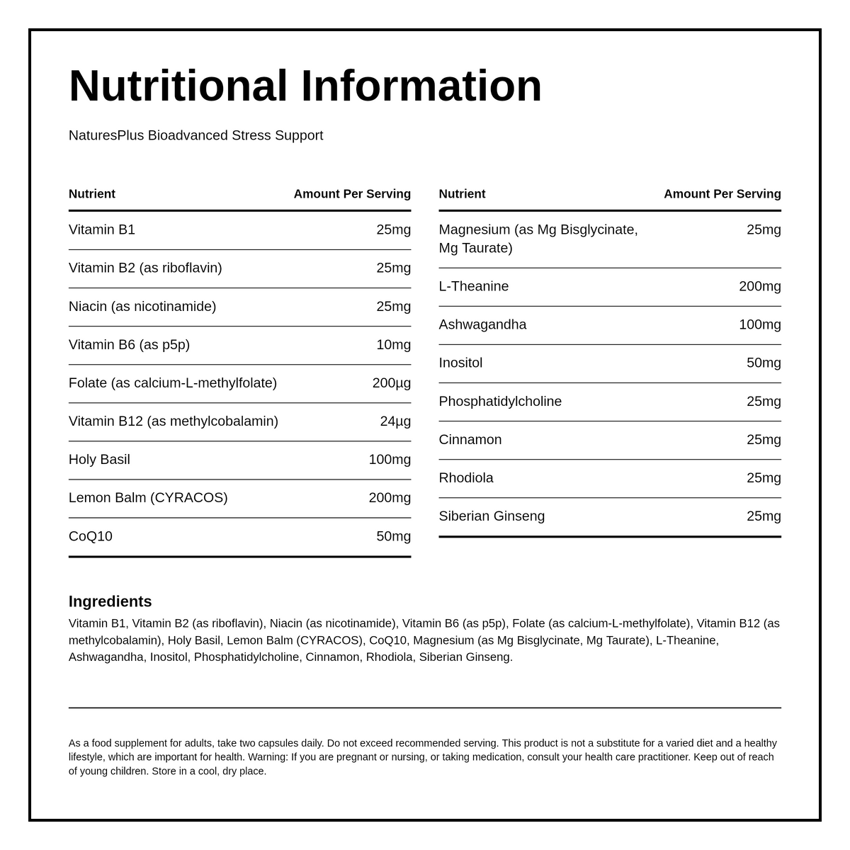 Nature's Plus BioAdvanced Stress Support Capsules — nutrition information panel, generated from the pack