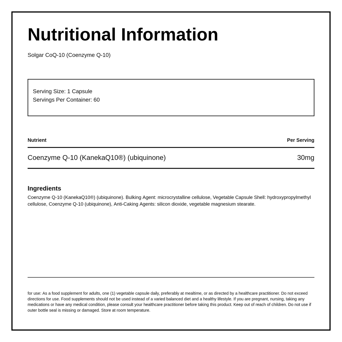 Solgar CoQ-10 30 mg — nutrition information panel, generated from the pack