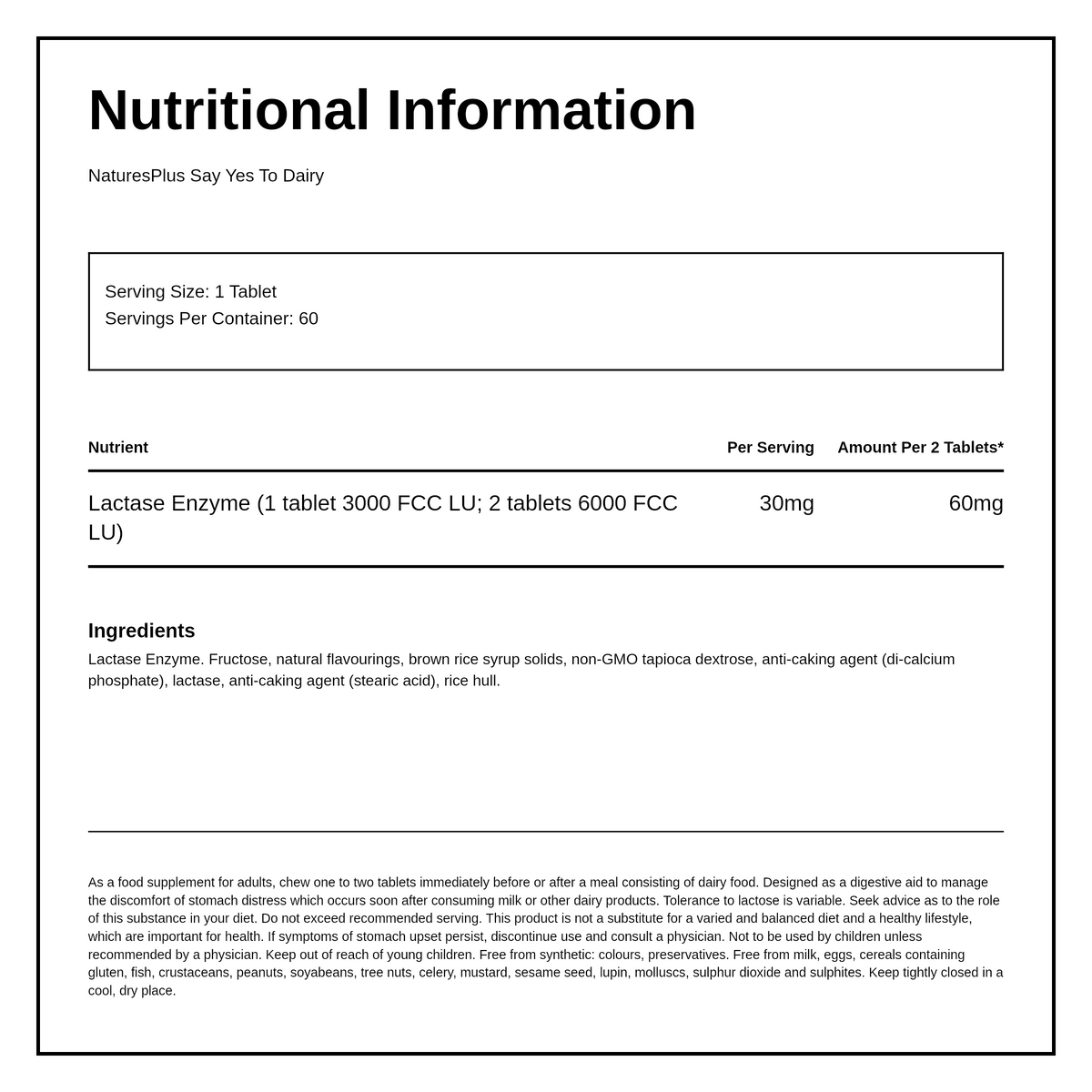 Natures Plus Say Yes to Dairy 60 tabs — nutrition information panel, generated from the pack