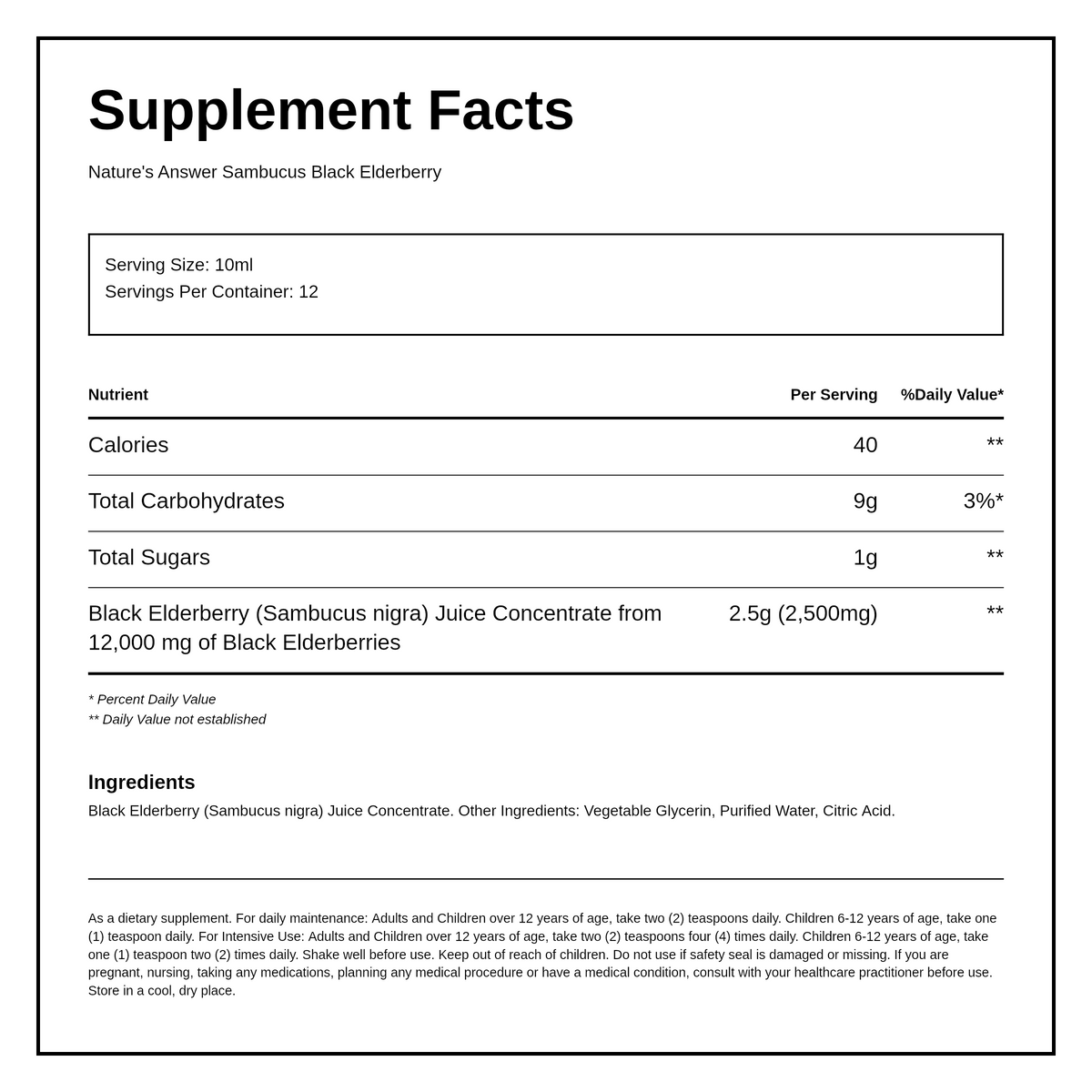 Nature's Answer Sambucus Black Elderberry 120ml — nutrition information panel, generated from the pack