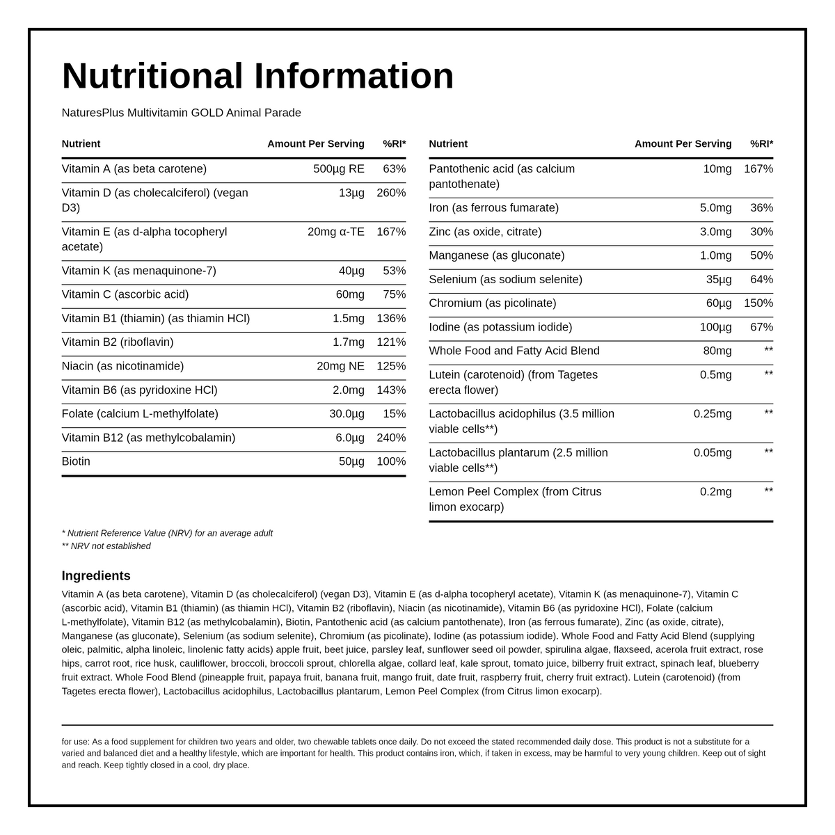 Nature's Plus Animal Parade GOLD Assorted Chew 60 — nutrition information panel, generated from the pack